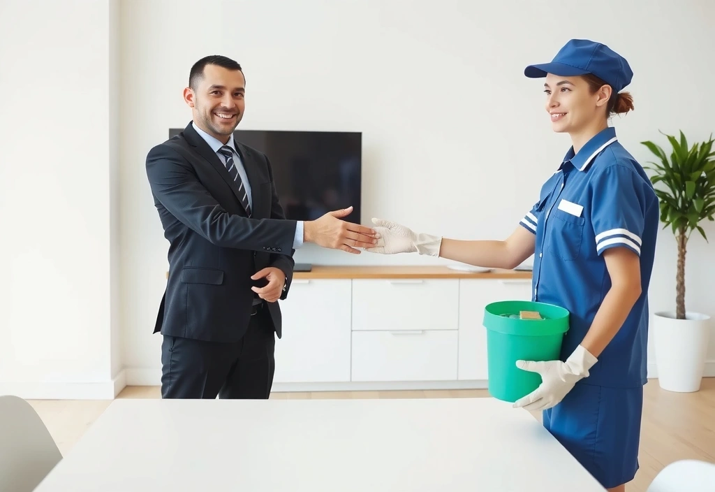 Happy customer shaking hands with professional cleaner in a clean, modern office environment