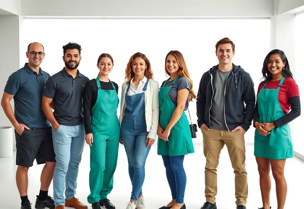 Professional cleaning team portrait showing diverse group of cleaners in company uniforms