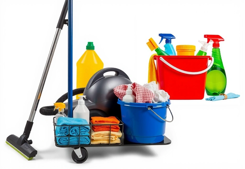 Professional cleaning equipment and tools organized in modern cleaning cart